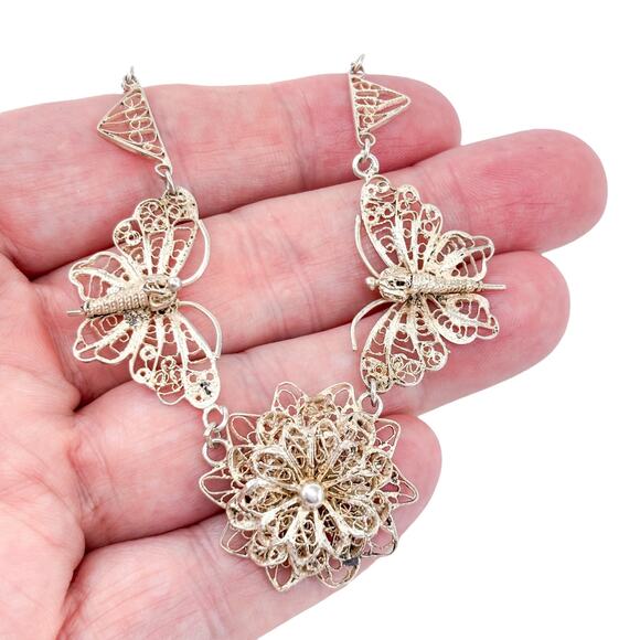 Vintage Sterling Silver 925 Filigree Floral Butterfly Necklace 15.75" - Picture 2 of 5